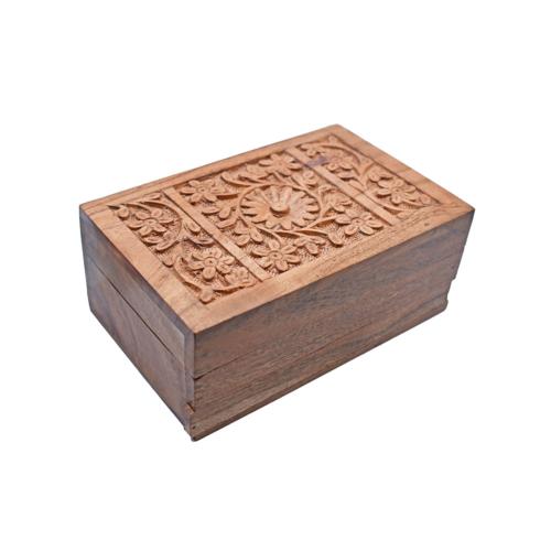 Secret Lock Box Hand Carved Acacia Wood, Floral Design 15 x 10 x 6cm