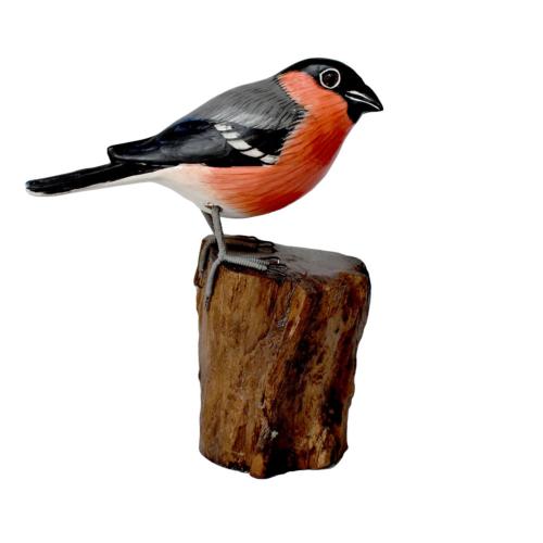 Bullfinch on tree trunk, hand carved wooden indoor/garden ornament 12cm