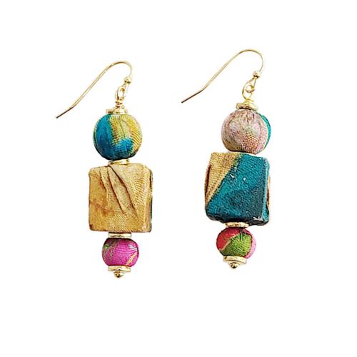 Earrings Recycled Textile Beads Multicoloured 1.5 x 4cm