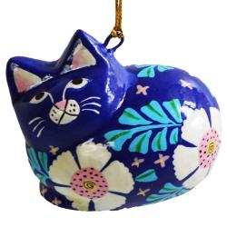 Hanging cat decoration, flowers on dark blue, papier maché