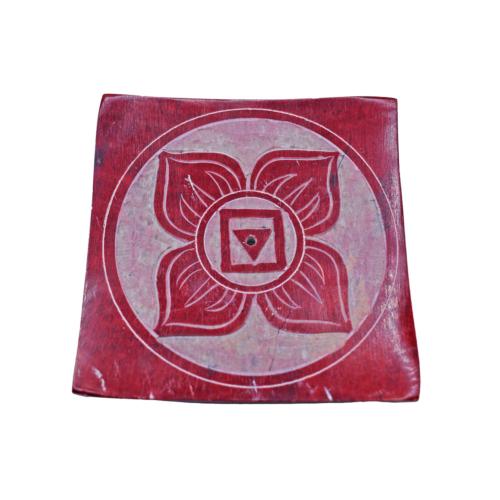 Incense holder carved soapstone, chakra root red 8 x 8cm