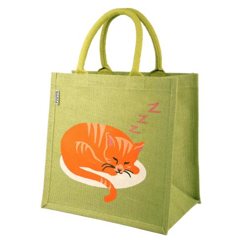 Jute shopping bag, square, cat sleeping