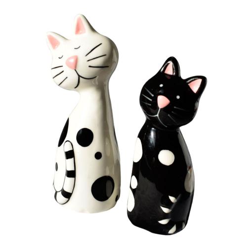 Black & white cats ceramic cruet set salt & pepper pots shakers hand painted